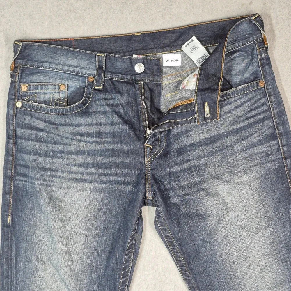 True Religion Men Jeans 38 Blue Denim Embroidered Ricky No Flap 33